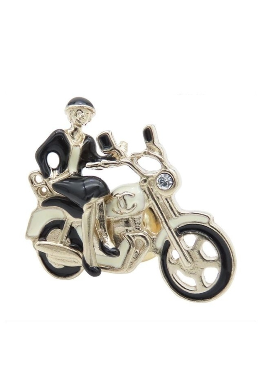 Chanel 10P Brooch Black White Gold Metal CC Logo Bike Motif